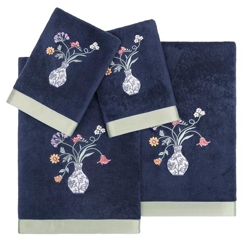 Floret 4-Piece Premium Towel Set, Embroidered Floral Stem, Luxurious Turkish Cotton, Durable & Quick Dry, Elegant Bath Ensemble, 2 Bath 2 Hand Towels, Marine - color: Marine, size: 2 Pcs Bath 2 Pcs Hand Towel