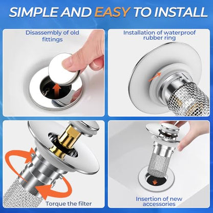 Bathroom Sink Drain Strainer, Pop-up Sink Drain Strainer with Removable Stainless Steel Strainer Basket Hair Catcher, Bathroom Sink Strainer for Bathroom Sink Stopper Replacement (3PCS) - color: Sliver-3