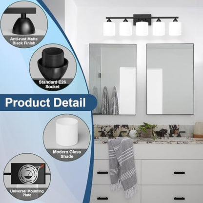 Black Bathroom Lighting Fixtures Over Mirror, 5-Light Anti-Rust Vanity Light for Bathroom, 28.34Inches Modern Wall Sconce, Standard E26 Base, Milky White Glass Shades, Bulbs Not Included - color: Black-5Light