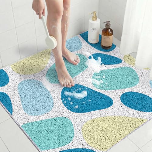 BLESWIN Loofah Bath Mat for Inside Shower, 31"x31" Extra Large Bathtub Mat Non Slip for Elderly, Square Shower Mat with Drain Hole for Stand Up Shower, Bathroom, Quick Drying& Easy Clean, Blue Stone - color: Blue Stone, size: 31" x 31" (Square)