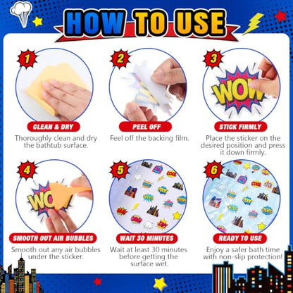 Fullhawl 30 Pcs Hero Non Slip Bathtub Stickers, Comic Style with Scraper | Textured PEVA Grip Decals, Bold Hero Comic Art, for Smooth Tubs and Showers, Application Scraper Included - style: Comic Pop