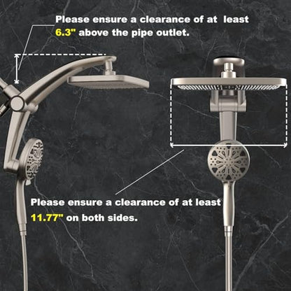 12-Inch High Pressure Rain Shower Head with Handheld Spray Combo, Magnetic | Dual shower heads; one-piece bracket adjusts height and angle; 9 settings: 8 sprays + 1 Power Jet for cleaning; easy install - color: Brushed Nickel