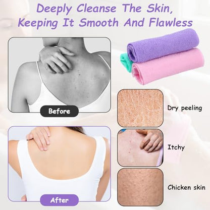 Exfoliating Washcloth with Handles, 3Pcs Back Exfoliator Body Scrub Towel | Easy to Foam, Double-Sided, Stretchable Back Washer for Shower for Women Men(Green, Pink, Purple)