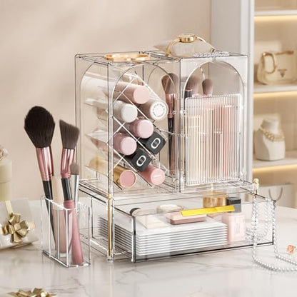 INVSSENE Stackable Makeup Organizer Countertop, Storage Perfume Skincare Cosmetic Lipstick Face Mask Makeup Brush Palettes, Ideal for Vanity Bathroom Counter - color: 3515 Clear