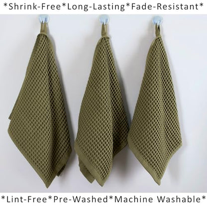 PÜSKÜL Natural 100% Turkish Cotton Waffle Hand and Kitchen Towels Set of 3 | Khaki Green, Large 32x16 inc, Honeycomb-Waffle weave towel for bathroom & kitchen. Premium quality oeko-tex made in Turkey. - color: Khaki Green, size: Kitchen & Hand Towels Pack