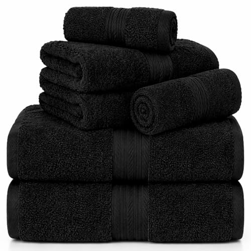 100% Cotton Bathroom Towel Set, 600 GSM, Soft & Absorbent, 6 Piece Set (2 Bath Towels, 2 Hand Towels, 2 Washcloths), Black - color: Black, size: Towel Set of 6