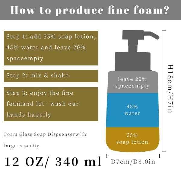 Easy Tang Glass Foaming Soap Dispenser with Black Pump, 12 OZ Vintage-Inspired Modern Glass Refillable Bottle, Hand Soap for Bathroom Countertop and Kitchen