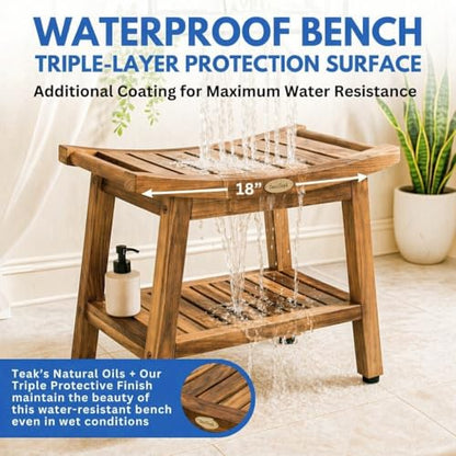 EcoDecors Harmony Gold 18" Teak Shower Bench, Fully Assembled, 300 lb | Comfortable shower bench supports adults and seniors with sturdy construction, reliable stability, and timeless teak style