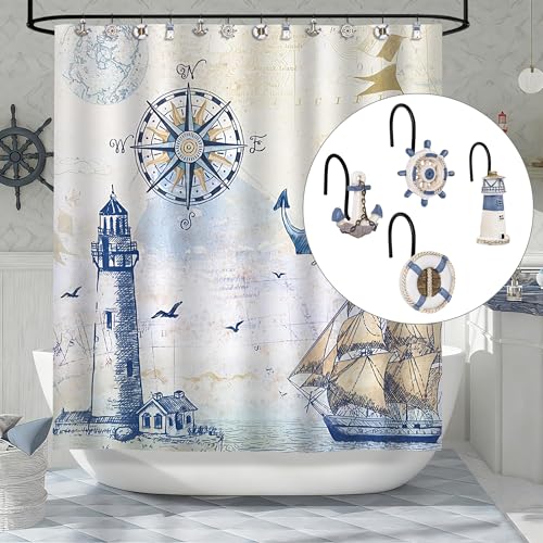 Sunlit Nautical Shower Curtain Hooks, Home Decorative Coastal Shower Curtain Rings with Black Hooks for Bathroom, Resin, Ocean Shower Curtain Hanger Hooks for Living Room, Set of 12, Blue Nautical Set - size: Nautical Set With Black Hooks