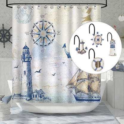 Sunlit Nautical Shower Curtain Hooks, Home Decorative Coastal Shower Curtain Rings with Black Hooks for Bathroom, Resin, Ocean Shower Curtain Hanger Hooks for Living Room, Set of 12, Blue Nautical Set - size: Nautical Set With Black Hooks