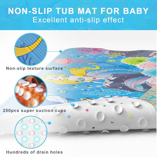 Upgrade Cartoon Baby Bath Mat Non Slip - 40"x16" Extra Long Bathtub Mat for Baby Eco Friendly Durable Bath Mat for Tub Non Slip Kids Tub Mat with Suction Cups, Machine Washable and No Fading, Mermaid - color: E-mermaid-2