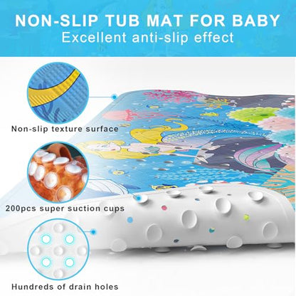 Upgrade Cartoon Baby Bath Mat Non Slip - 40"x16" Extra Long Bathtub Mat for Baby Eco Friendly Durable Bath Mat for Tub Non Slip Kids Tub Mat with Suction Cups, Machine Washable and No Fading, Mermaid - color: E-mermaid-2