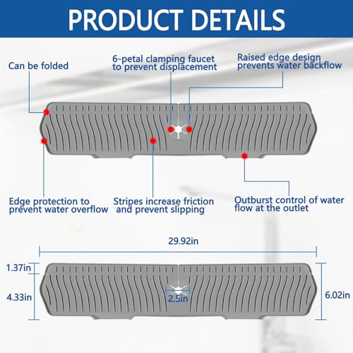Kitchen Sink Splash Guard Gen2-30" x 6'' Silicone Sink Mat Splash Guard fit for Countertop, Bathroom,Farmhouse,RV by EBIGIC (Grey) - color: Grey 30in, size: 30”x 6.0”