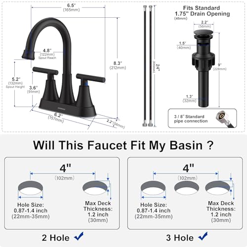 Matte Black Bathroom Faucet, Hurran 4 inch Centerset 2-Handle Lead-Free | Bathroom Sink Faucet with Pop-up Drain and Supply Lines, Stainless Steel Faucet for Vanity RV Restroom Laundry Outdoor Sink - color: Matte Black