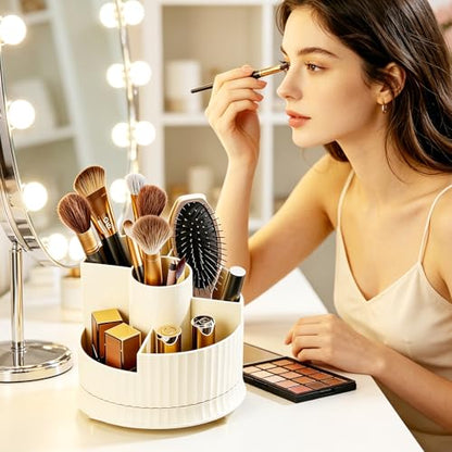 360° Rotating Makeup Brush Holder, 5-Compartment Spinning Cosmetics Organizer Cup for Vanity, Creamy White Desktop Storage for Skincare & Bathroom Accessories