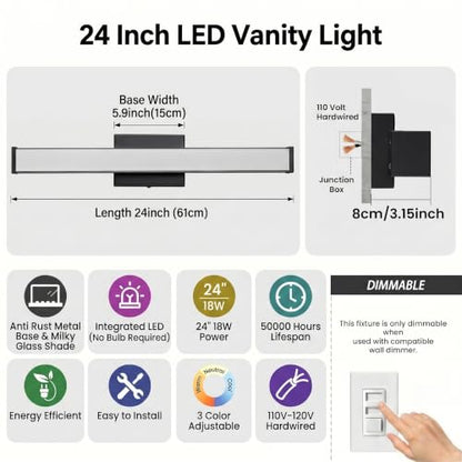 URSOLA 24" Modern LED Bathroom Light Fixtures, Matte Black 3CCT Dimmable Bathroom Vanity Light Over Mirror, Bathroom Vanity Bath Bar Lights with Double Layer Acrylic Shade - color: Matte Black, size: 24inch