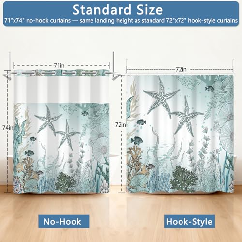 No Hook Shower Curtain with Snap in Liner, Waterproof Ocean Shower Curtain with Sheer Top Window and Weighted Hem, Coastal Underwater Starfish Design Bathroom Shower Curtains, 71" W x 74" L - color: Undersea Starfish