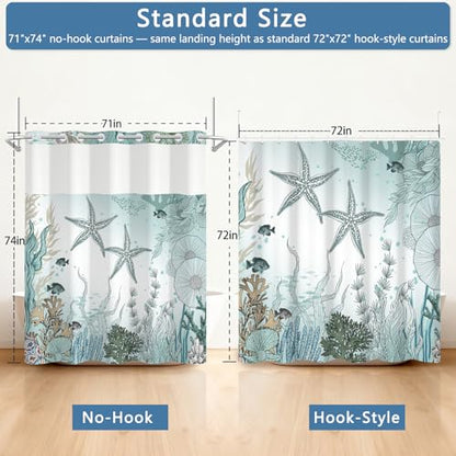 No Hook Shower Curtain with Snap in Liner, Waterproof Ocean Shower Curtain with Sheer Top Window and Weighted Hem, Coastal Underwater Starfish Design Bathroom Shower Curtains, 71" W x 74" L - color: Undersea Starfish
