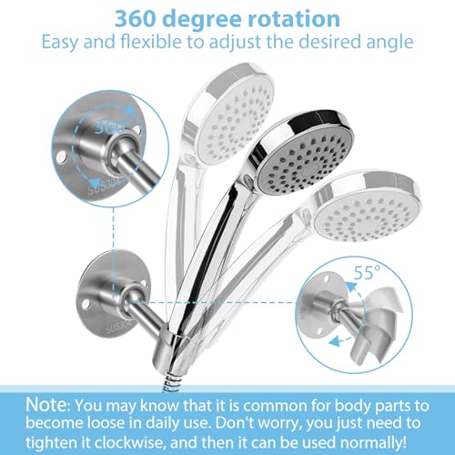 Stainless Steel Shower Head Holder Wall Mount 360° Adjustable Handheld Showerhead Bracket Metal Showerhead Wand Bracket SUS 304 Steel Shower Spray Holder Brushed Finish