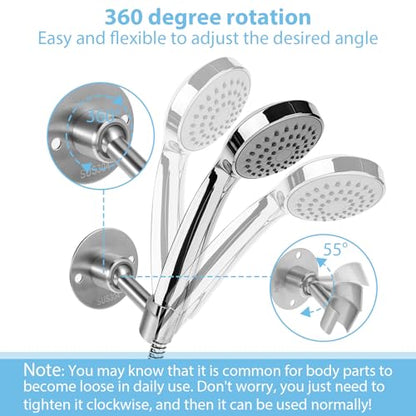 Stainless Steel Shower Head Holder Wall Mount 360° Adjustable Handheld Showerhead Bracket Metal Showerhead Wand Bracket SUS 304 Steel Shower Spray Holder Brushed Finish