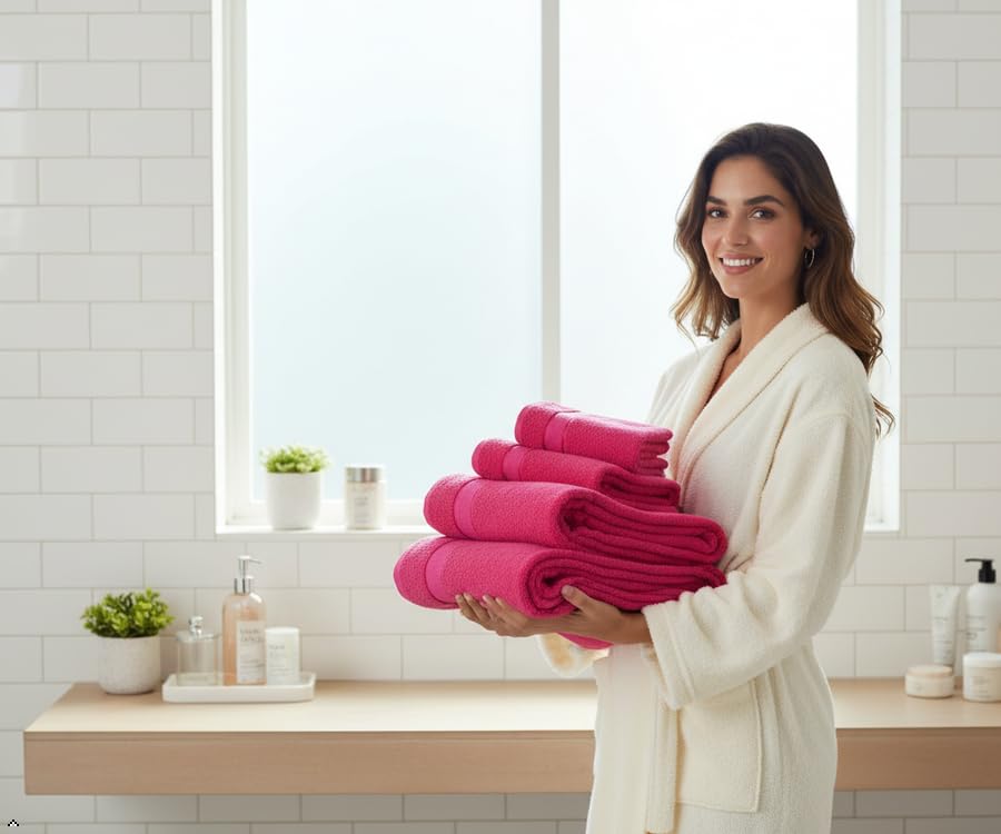 6 Piece Cotton Bath Towel Set -2 Bath 2 Hand 2 Face, Hot Pink | 100% Cotton • Thick & Plush • Hotel Quality • Ultra Soft • Highly Absorbent • Quick Dry • Low Lint • Machine Washable - color: Hot Pink