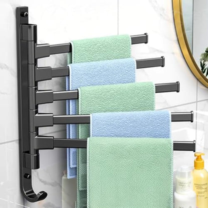 Towel Rack,180° Swivel Towel Rack,Advanced Materials Multi-Arm Towel Bar,Space Saving Wall Mounted Towel Holder with Hook,Rustproof Swing Out Towel Hanger for Bathroom,Kitchen(Black,5 Poles) - color: Black, size: 5 poles