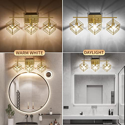 Bathroom Vanity Light with 3 Bulbs Bathroom Light Fixtures Over Mirror with 3 Rotatable Cube Shades Modern Wall Mounted Brushed Brass Gold - color: Brushed Brass, size: 3-Lights ( 28" Width )
