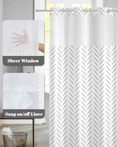 Black and White Shower Curtain with Snap in Liner, 71x74 Inch | No Hooks Needed, Double Layer Waterproof Fabric with Mesh Top, Minimalist Stripe Geometric Print for Modern Neutral Bathroom - color: Black and White