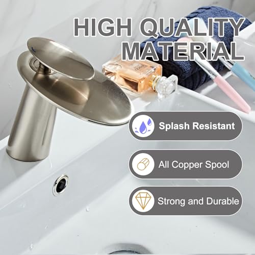 Brushed Nickel Waterfall Bathroom Sink Faucet and Pop Up Drain - color: Brushed Nickel, size: Short Body