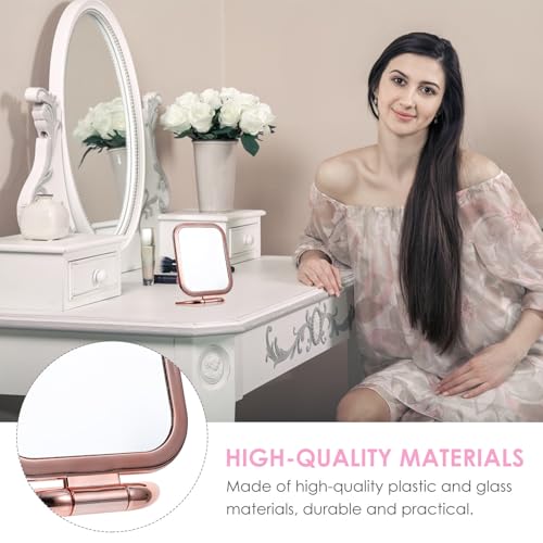 Amosfun Double Sided Makeup Mirror with Magnifying Side, Tabletop Folding Vanity Mirror for Bathroom Countertop and Vanities, Space-Saving Plastic Design in Stylish Golden Finish