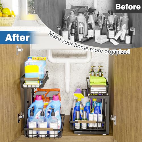 Under Sink Organizers, 2 Tier Pull Out Under Cabinet Organizer，Height Adjustable Pull Out Cabinet Drawers, Metal Sliding Drawer for Kitchen Bathroom Pantry Cabinet Closet Organization Rack，2 Packs