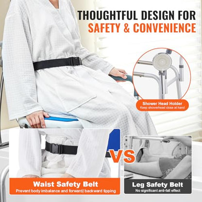 VEVOR Sliding Tub Transfer Bench with 360 Degree Swivel Seat, Height Adjustable Bathtub Transfer Bench with Armrest & Safety Belt, Non-Slip Rotating Shower Chair for Elderly Disabled, 400LBS Capacity