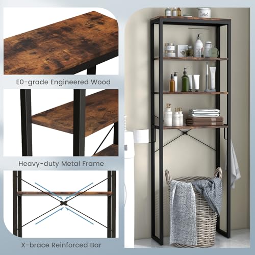 Giantex Over The Toilet Storage Shelf, 4-Tier Freestanding Space Saver Above Toilet Shelves w/Paper Holder, Side Hook & Adjustable Foot Pads, Over Toilet Bathroom Organizer for Restroom, Laundry