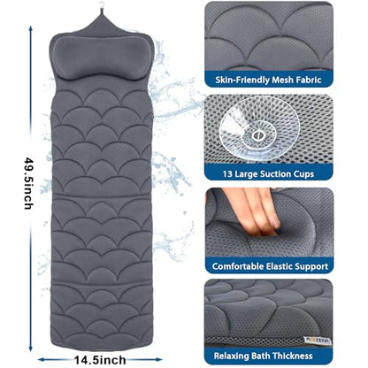 REEZEIVI Full Body Bath Pillow,3D Mesh Fabric,Head Neck Back Support,Gray | Thick Bathtub Cushion,with Laundry Bag,easy to clean and quick to air dry,13 Non-Slip Suction Cups