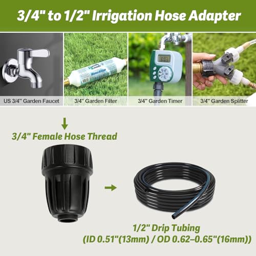 4 Pack 3/4" Garden Hose To 1/2" Irrigation Tubing Adapter, 1/2 Inch Drip Irrigation Tubing To Faucet Garden Hose Adapter 3/4 Inch FHT To 1/2 Inch Supply Line Adapter Fittings - size: 3/4" to 1/2" Tube Adapter-4P