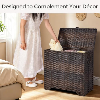 130L Wicker Laundry Hamper with Lid, 3-Section Laundry Basket | 3 Removable Liner Bags; 4 Included Mesh Laundry Bags; Handwoven PP Wicker; Reinforced Steel Frame - color: Brown