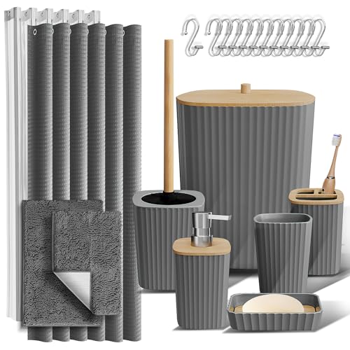 Clara Clark Bathroom Set, Bathroom Sets with Shower Curtain and Rugs | 22 Piece Grey Bathroom Accessories Set with Toothbrush Holder, Soap Dispenser, Soap Dish, Toilet Brush, and Trash Can - color: Grey, size: Complete Set + Bath Rugs