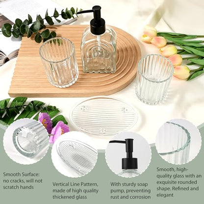 4-Piece Glass Bathroom Accessories Set, Clear Soap Dispenser, Soap Dish, Toothbrush Holder & 2 Tumblers, Bathroom Countertop Organizer Set for Vanity, Sink, Apartment & Modern Decor