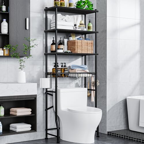Mlinavn Over-The-Toilet Storage Rack, 4-Tier Bathroom Organizer Shelf Over Toilet with Adjustable Shelf and Basket, Freestanding Space Saver Bathroom Shelves Above Toilet for Room (Black) - color: Round Tube - Black