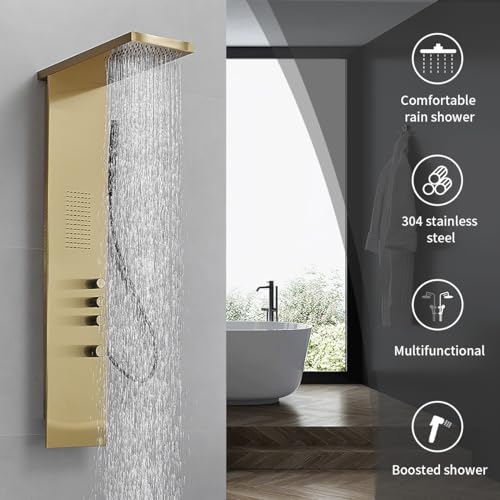 Brushed Gold Shower Panel Tower System Bathroom Wall Mount | Rain Shower Head with Body Jet Massage and Rainfall Hand Shower,High Pressure Large Area,Flexible Shower Hose,Stainless Steel - color: Brushed Gold, style: Shower Panel-Standard