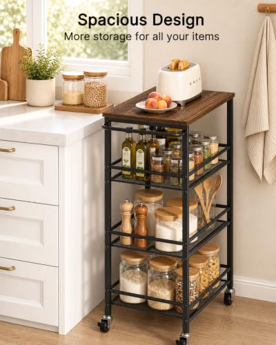 Pipishell Slim Storage Cart with Wheels, 4 Tier Rolling Bathroom Storage Cart with Handle and Wood Top, Metal Slim Kitchen Cart for Laundry Room, Bathroom, Kitchen, Narrow Space, Black & Rustic Brown - size: 10.8 in