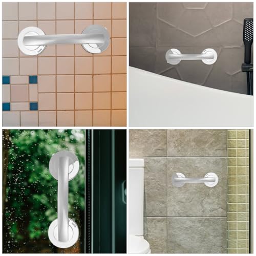 HEMOTON Heavy Duty Suction Grab Bars for Shower and Bathtub, 2pcs Removable Suction Cup Handles Strong Hold, Medium Silver Safety Handrails for Seniors and Elderly Bathroom Aid