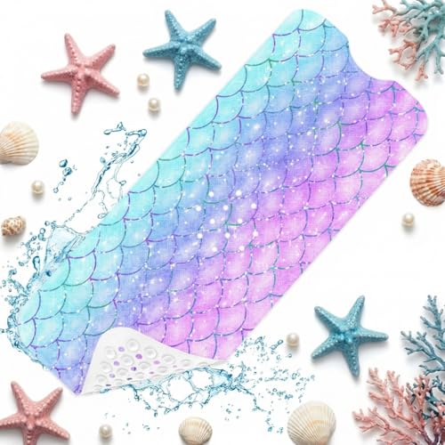 Pink Blue Mermaid Bathtub Shower Mat Fish Underwater Sea Non-Slip Tub Extra Long Bath Floor 40X16 Inch Machine Washable for Bathroom Tub Bath Mat for Toddler and Baby - color: Pink Blue Mermaid Scale