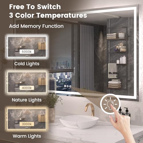 Snowdool 72 x 36 in LED Bathroom Mirror, Front and Backlit, Anti-Fog | Front and Backlit, 3 Color Temperatures, Anti-Fog, Tempered Glass - size: 36"L x 72"W