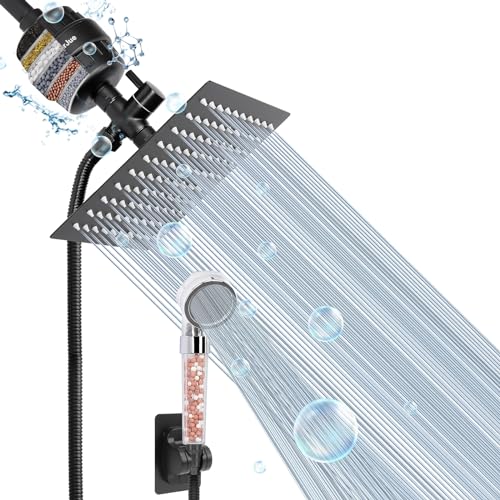 Filter Shower Head, High Pressure 8 Inch Rainfull with Filter Combo for Hard Water, Remove Chlorine Fluoride and Harmful Substances- 1 Replaceable Filter Cartridge (Square, Matte Black) - color: Matte Black
