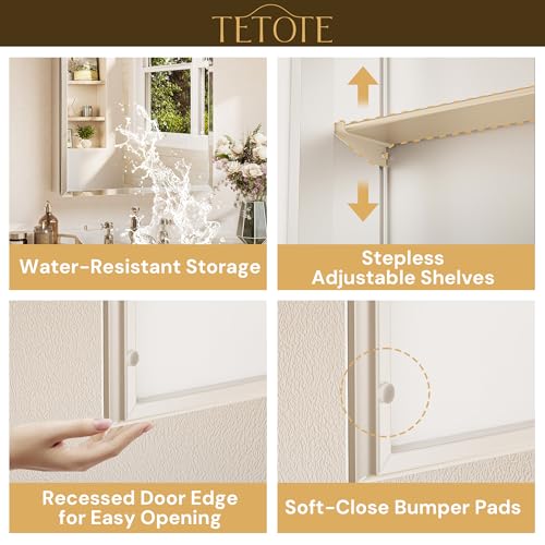 TETOTE 14 x 24 Medicine Cabinet with Tempered Beveled Mirror Silver Aluminum Cabinet DTC Hinges, Stepless Adjustable Shelves, Recessed/Surface-Mounted - color: Silver, size: 24"L x 14"W