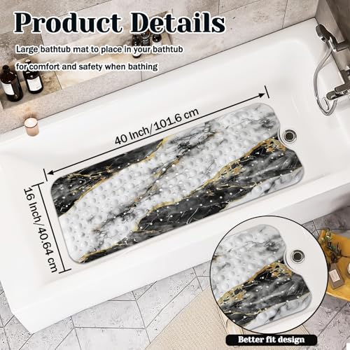 Marble Bath Tub Mat Non Slip, Blcak Gold White Marble Non Slip Bath Mat for Shower, Large Washable Shower Mats for Showers with Drain Holes and Suction Cups,40 X 16 Inch - color: Black White Marble
