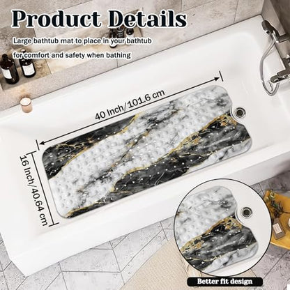 Marble Bath Tub Mat Non Slip, Blcak Gold White Marble Non Slip Bath Mat for Shower, Large Washable Shower Mats for Showers with Drain Holes and Suction Cups,40 X 16 Inch - color: Black White Marble