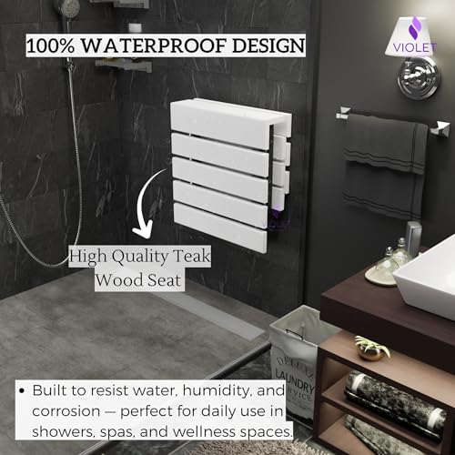 Folding Wall Mounted Teak Wood Shower Seat with Backrest, Water Resistant Foldable Bathroom Stool with Legs, Premium Materials Handmade Shoe Changing Bench, Space Saving and Super Safe Chair (White) - color: White