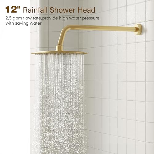 Gabrylly Shower System, Slide Bar Shower Faucet Set, 12", Brushed Gold | Rainfall Shower Head with 5-Setting Handheld Spray, Wall Mounted Shower Set Included 2-Way Shower Valve and Trim Kit - color: Brushed Gold, size: 12 Inch